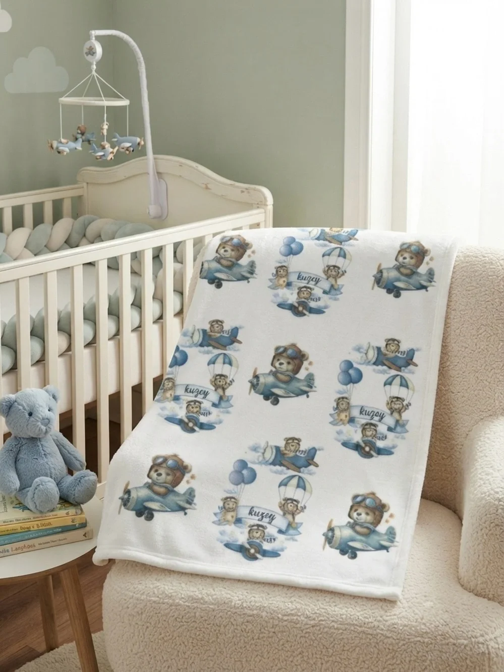 Blue Teddy Airplane Baby Blanket